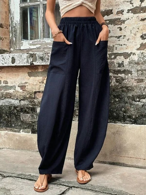 Solid Color Elastic Waist Pants with Pockets