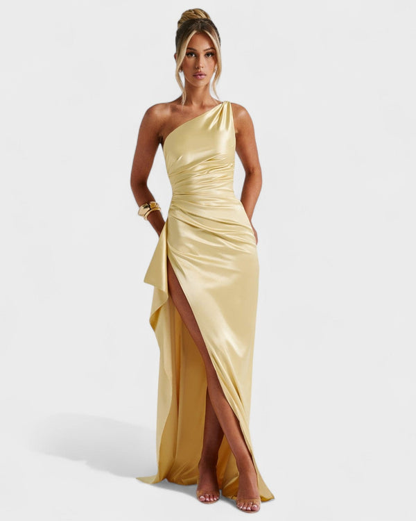 Asymmetric Lemon Satin Cocktail Dress