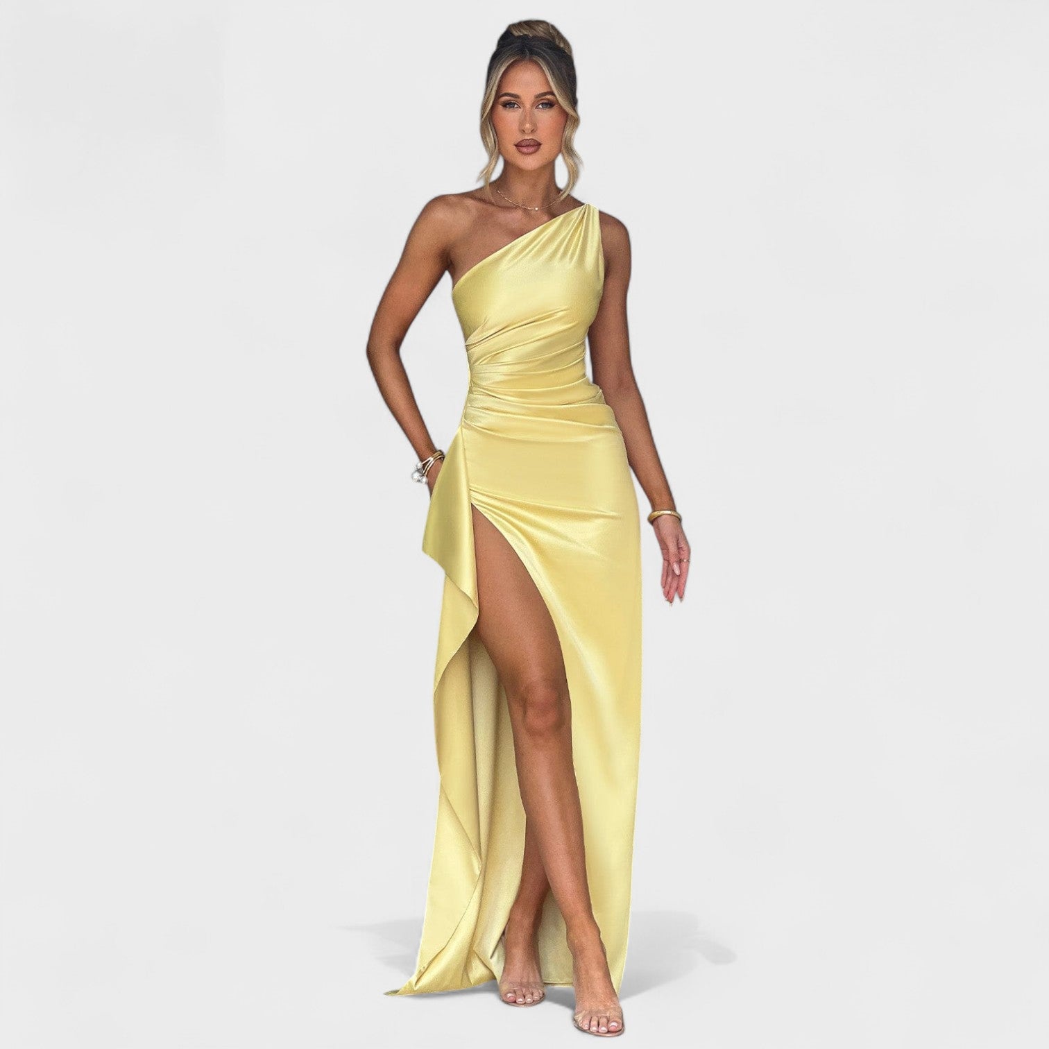 Asymmetric Lemon Satin Cocktail Dress