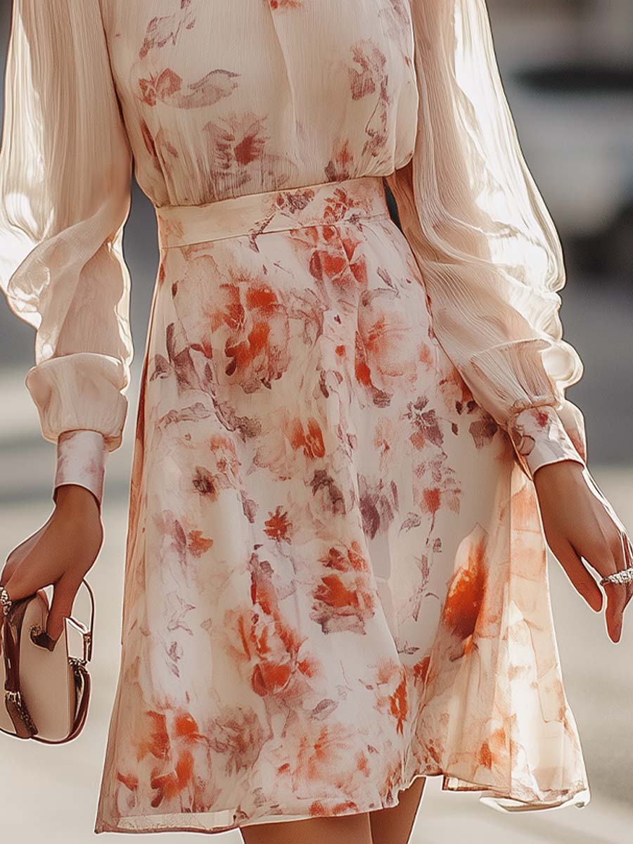 Audrey | Floral Print Pleated Dress with Short Sleeves
