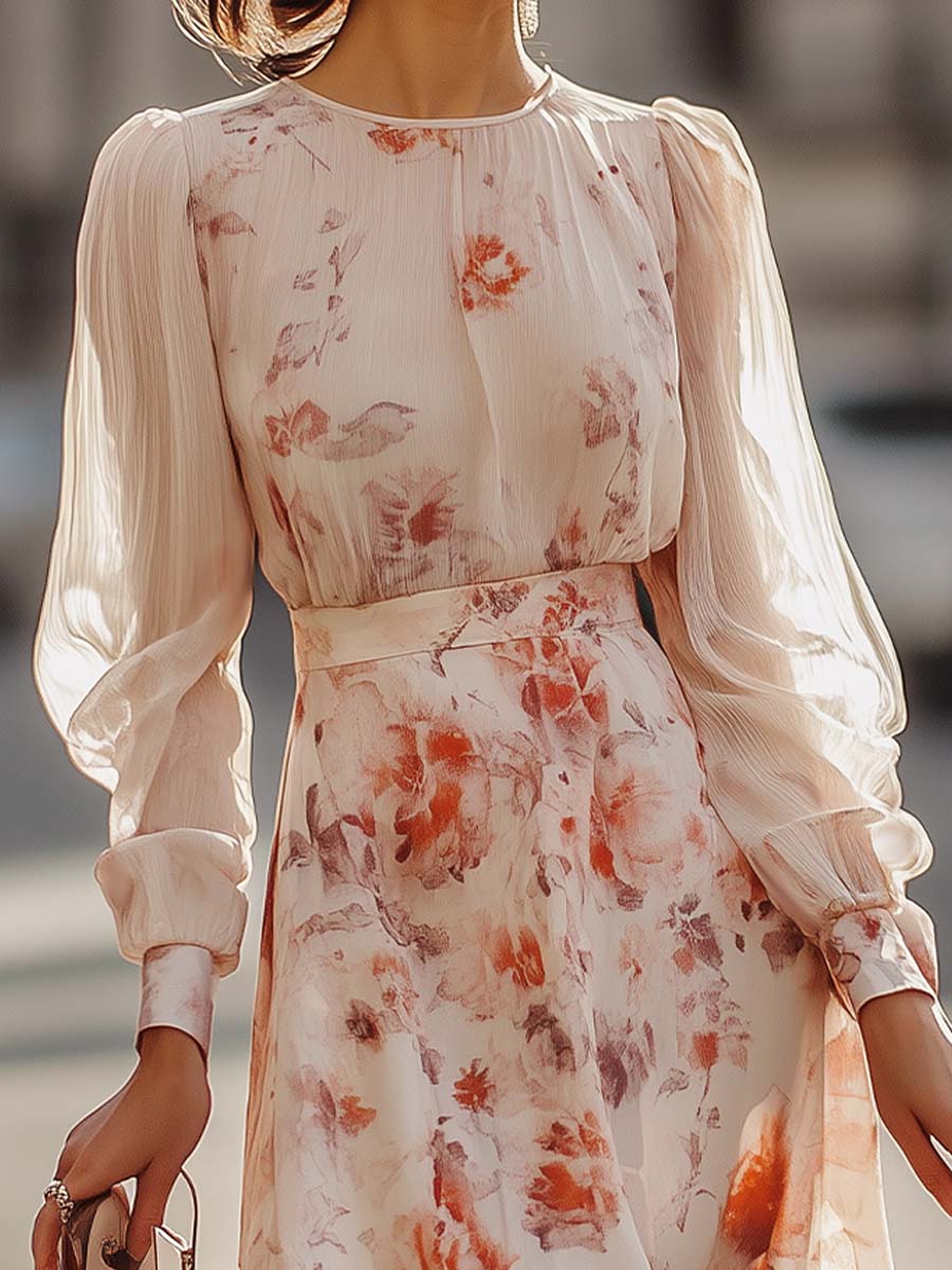Audrey | Floral Print Pleated Dress with Short Sleeves