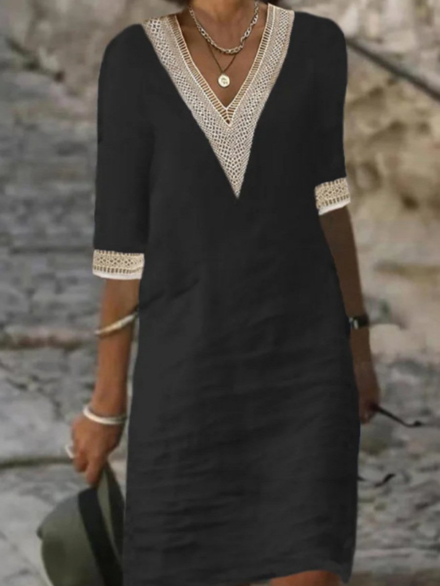 Poppy | Women's V-Neck Lace Trim 3/4 Sleeve Casual Dress