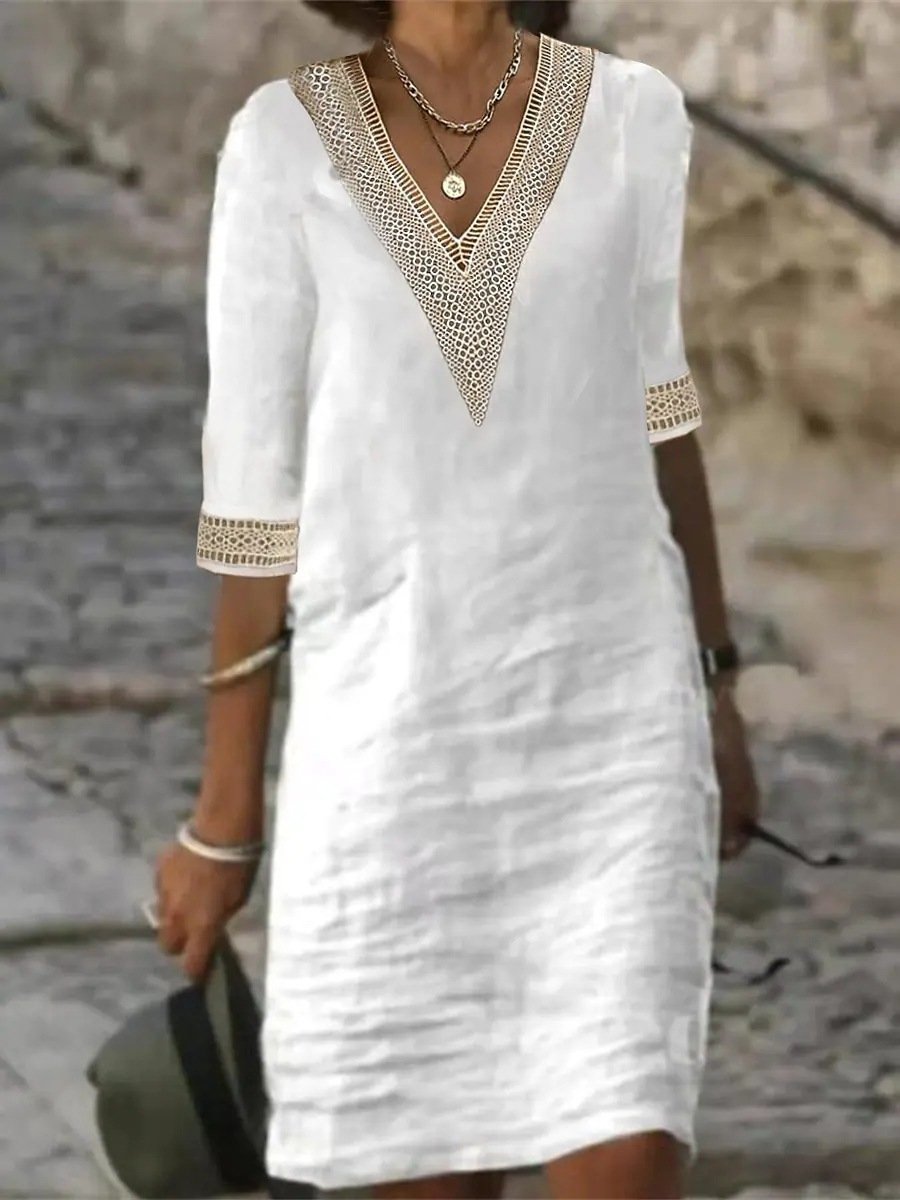 Poppy | Women's V-Neck Lace Trim 3/4 Sleeve Casual Dress