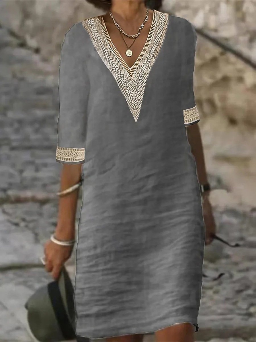 Poppy | Women's V-Neck Lace Trim 3/4 Sleeve Casual Dress