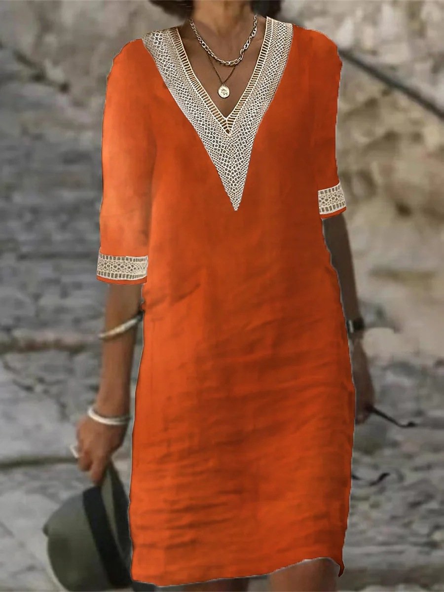 Poppy | Women's V-Neck Lace Trim 3/4 Sleeve Casual Dress