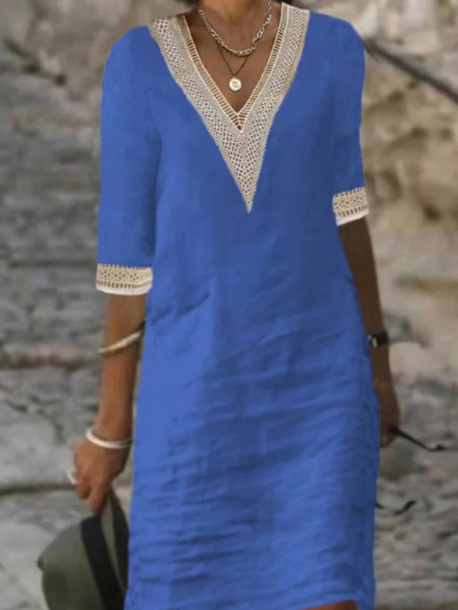 Poppy | Women's V-Neck Lace Trim 3/4 Sleeve Casual Dress