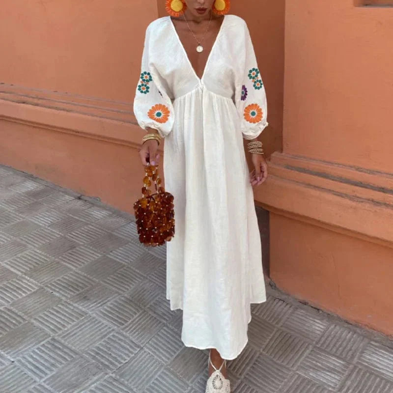 Billie | Boho Floral Linen Dress with Open Back