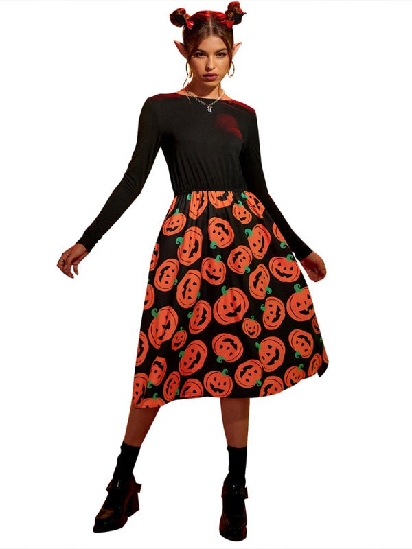 Pumpkin Print Long Sleeve Halloween Costume Dress | Midi