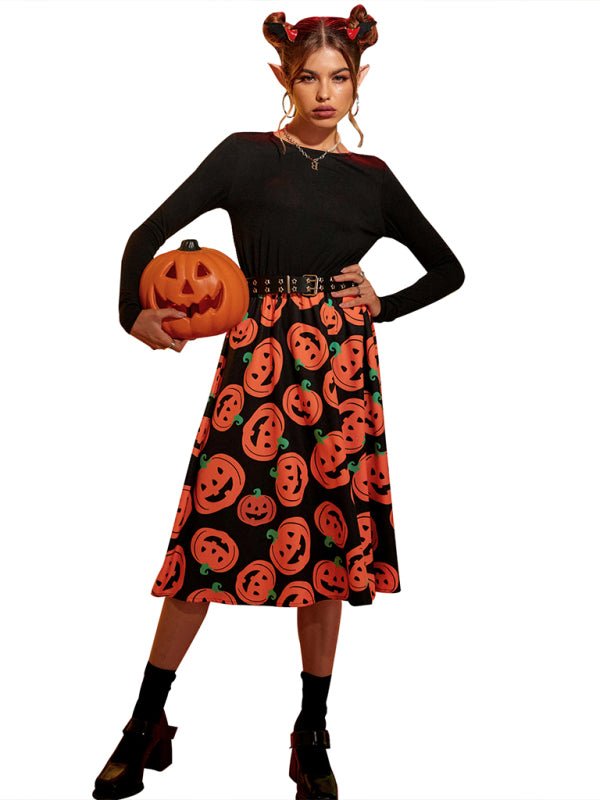 Pumpkin Print Long Sleeve Halloween Costume Dress | Midi